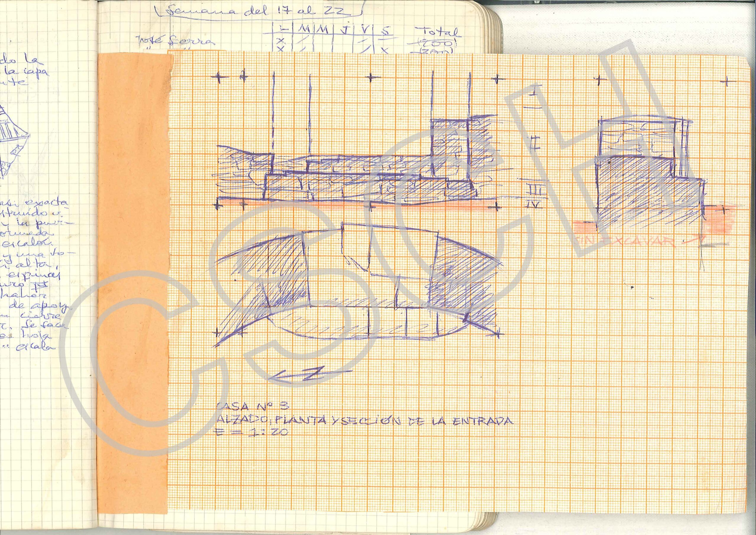 E-1. ALZADO, PLANTA Y SECCIÓN DE LA ENTRADA |  S-1. ELEVATION, PLAN AND SECTION OF THE ENTRANCE.1962